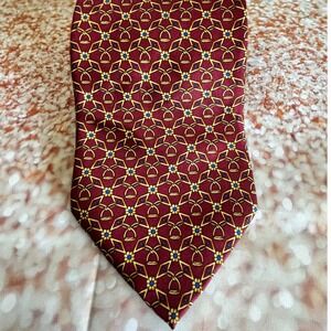 Firenze Italian Silk Necktie‎ Geometric Pattern Burgundy Gold Blue Mens Tie